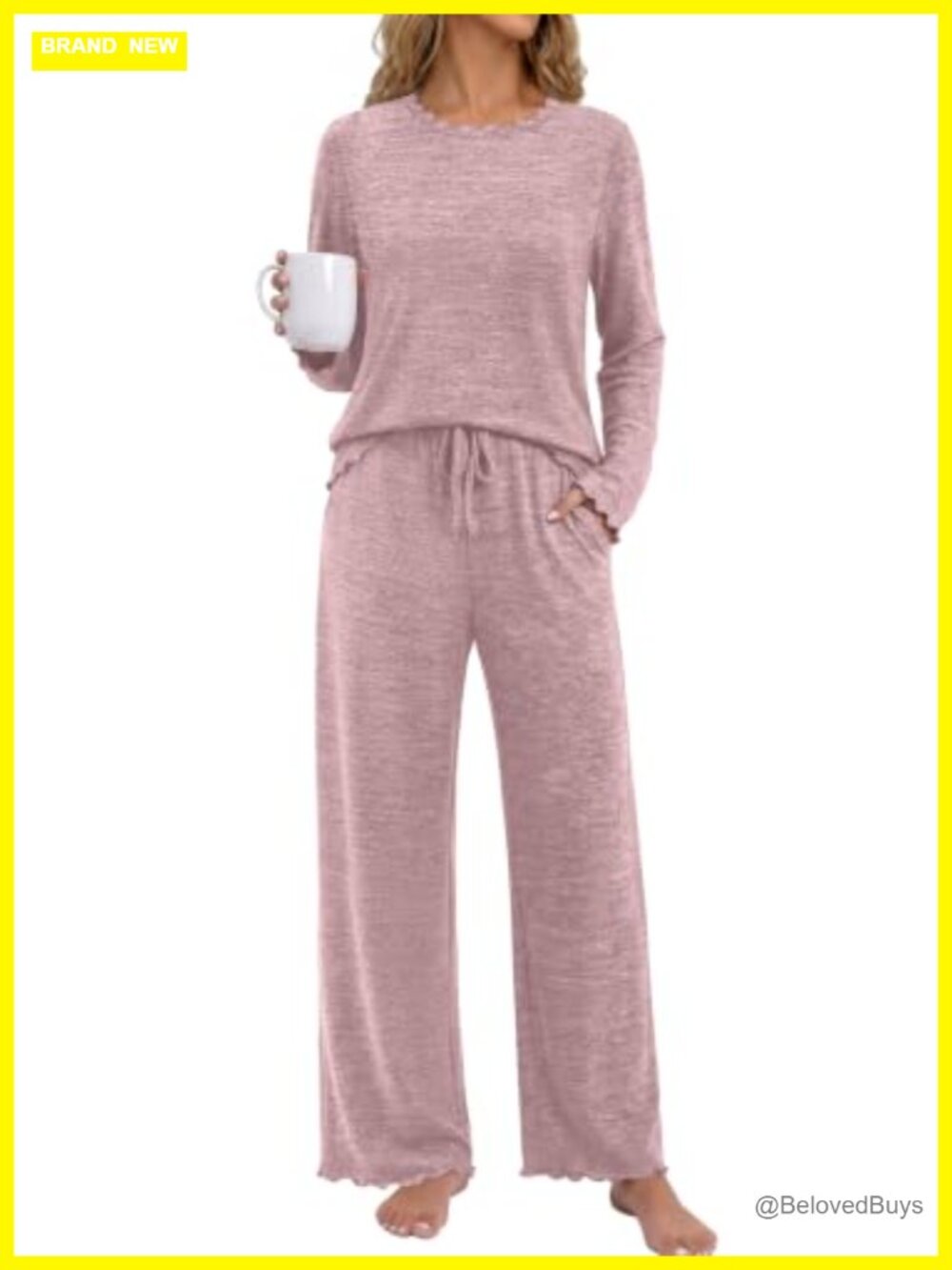 Womens 2 Piece Pajama Lounge Set Long Sleeve Crew Neck Wide Leg Pants Cozy